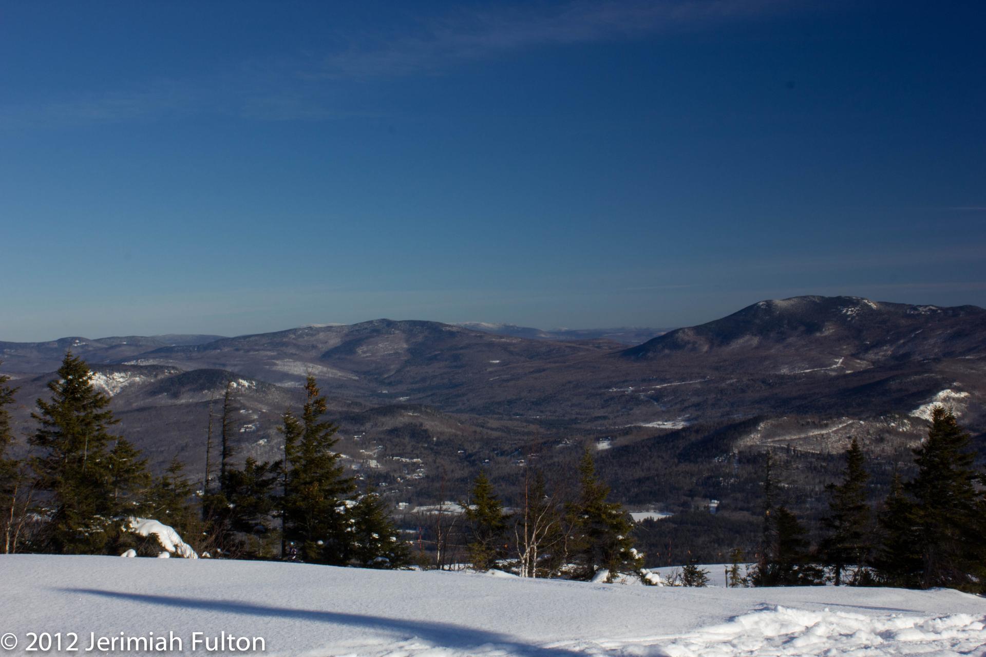 Snowy mountain vista with evergreen trees under a clear blue sky.