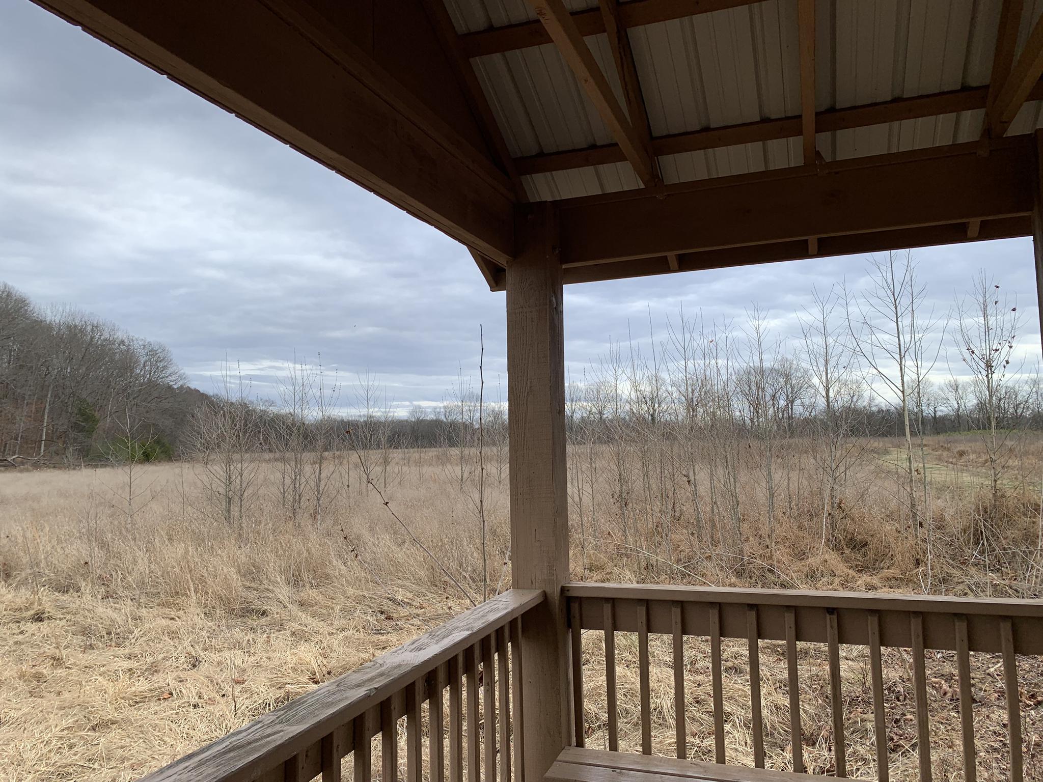 View from a wooden shelter overlooking a vast field of dry grass.