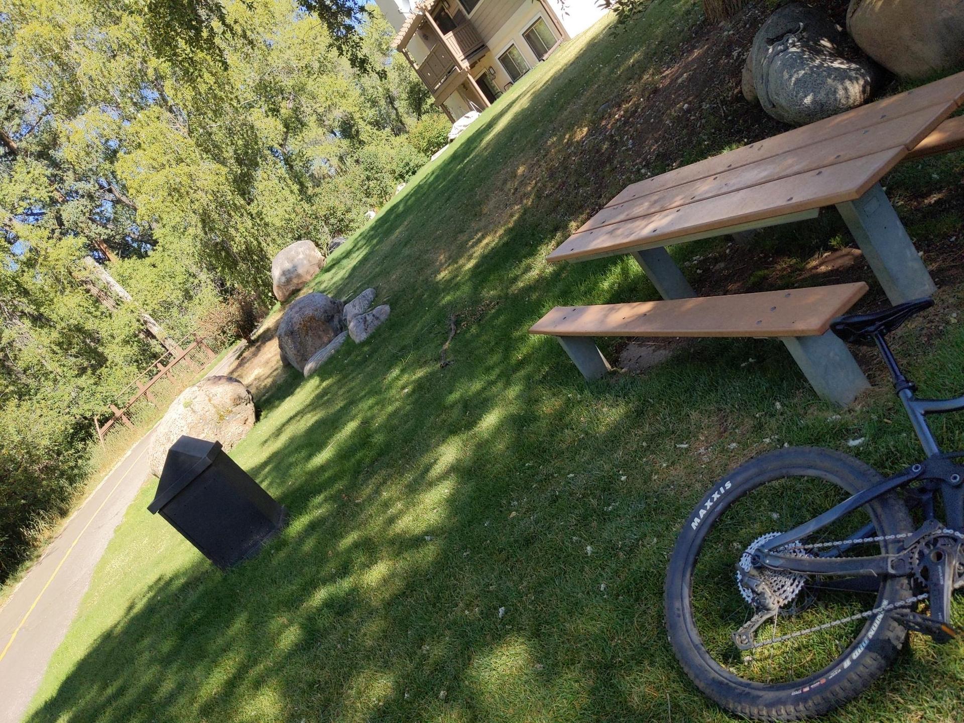 A bicycle parked next to a picnic table on a sunny grassy slope.
