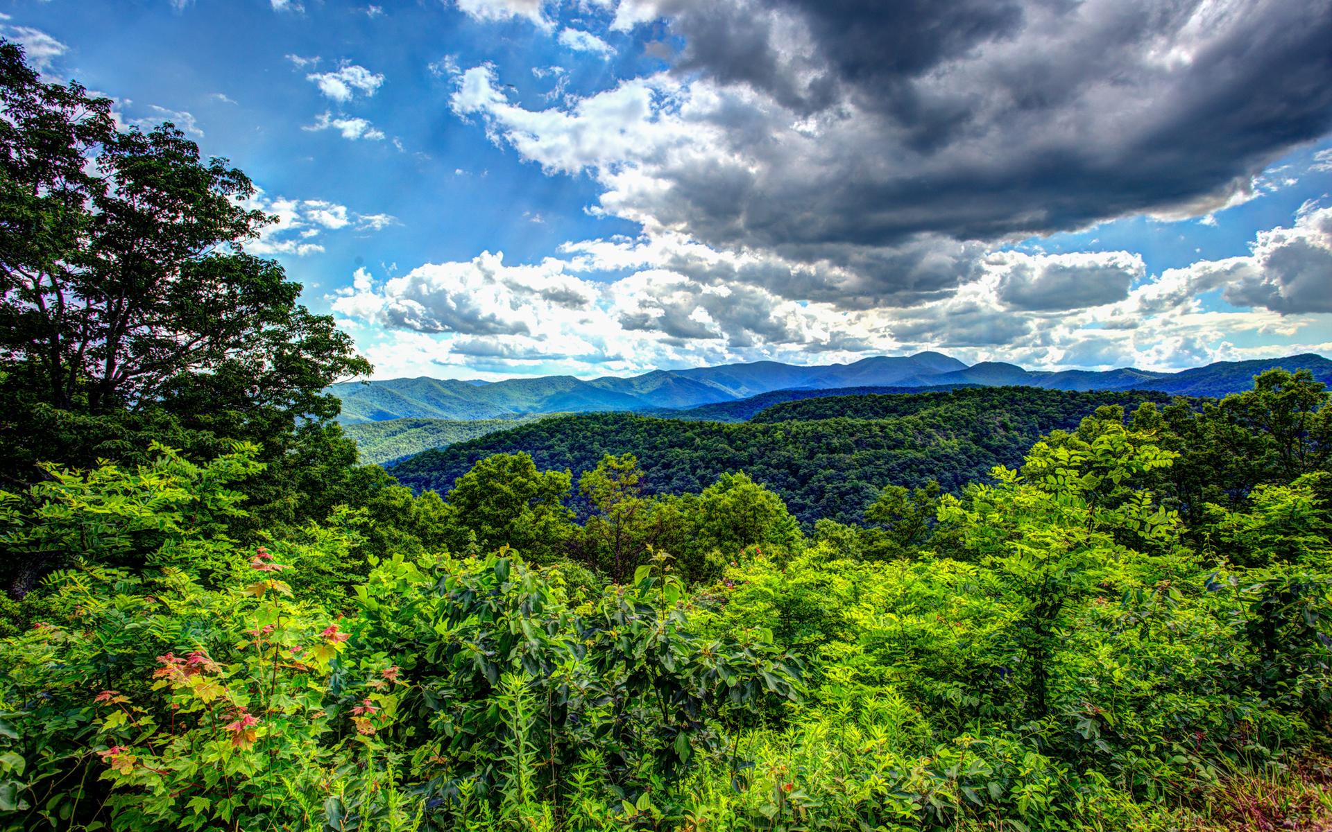 Lush green mountains under a partly cloudy sky, bright daylight.