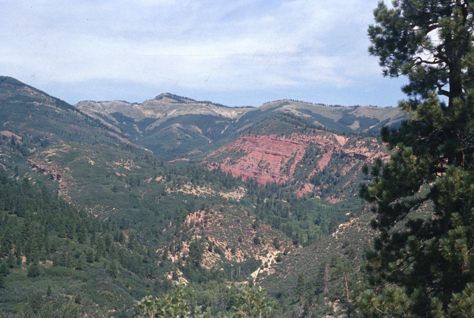 Mountainous landscape with green forests, red rock, and distant peaks under a bright sky.