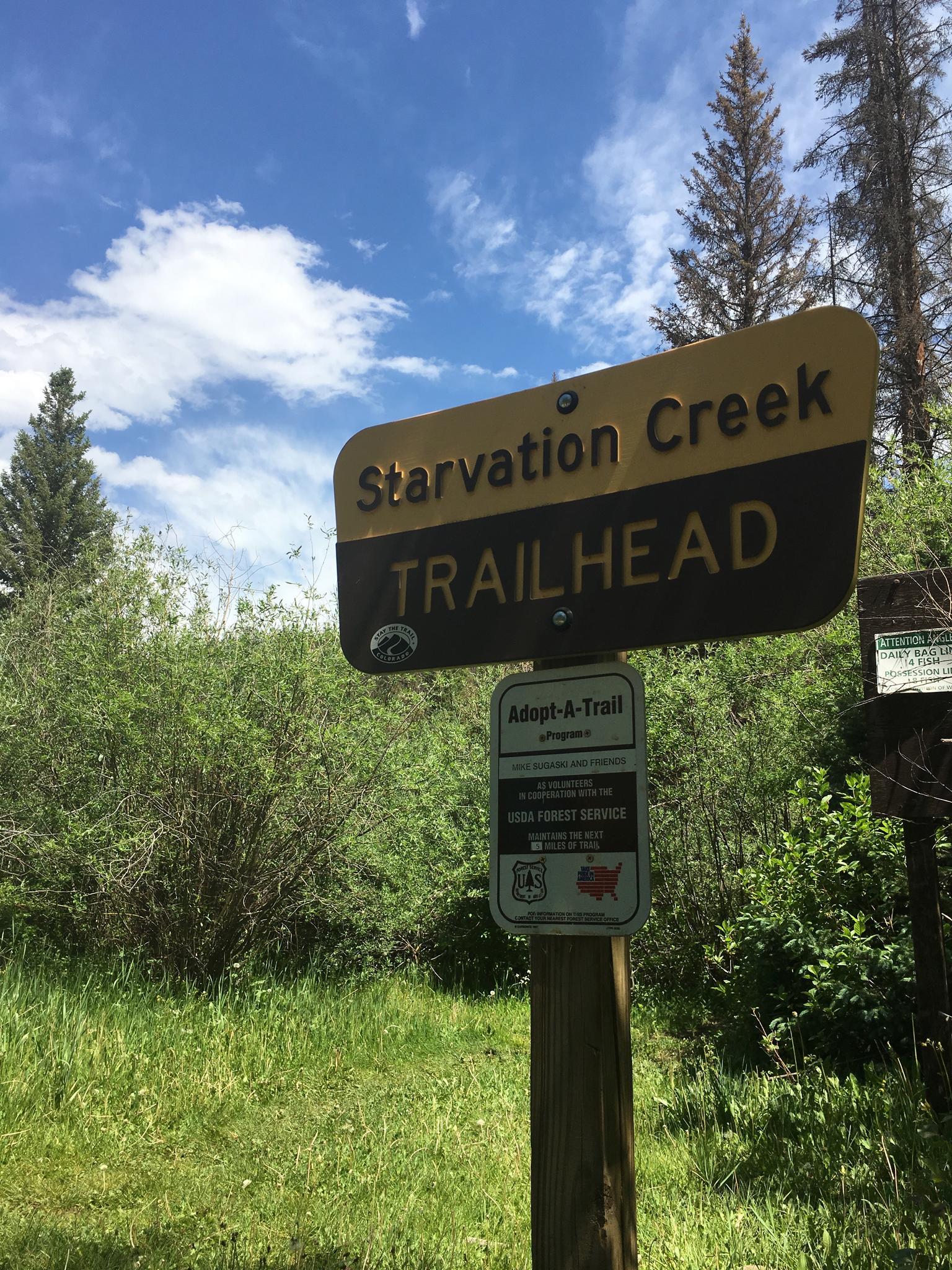 A wooden trailhead sign stands in a sunny, green landscape with tall trees.
