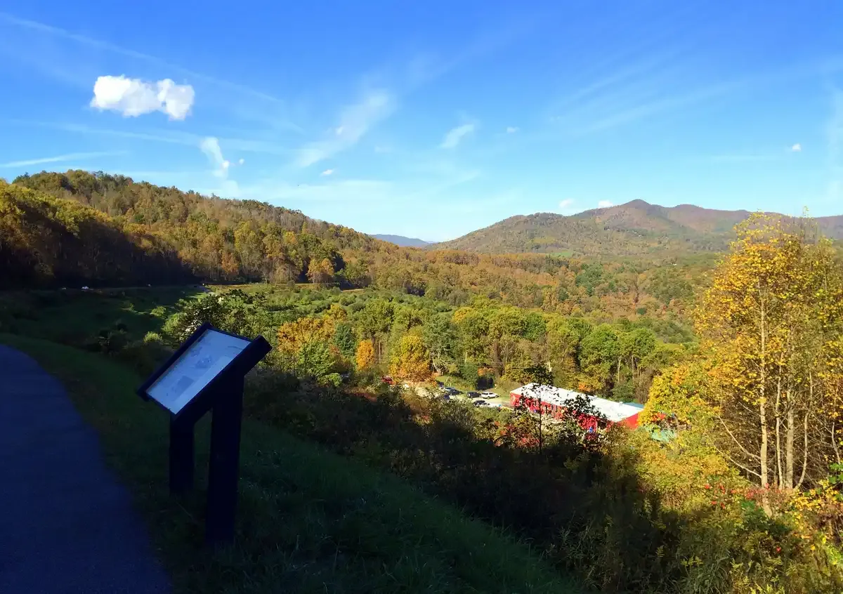 Informational sign overlooking a valley with autumn trees and distant mountains under a blue sky. - North Cove Overlook & The Loops Overlook loop