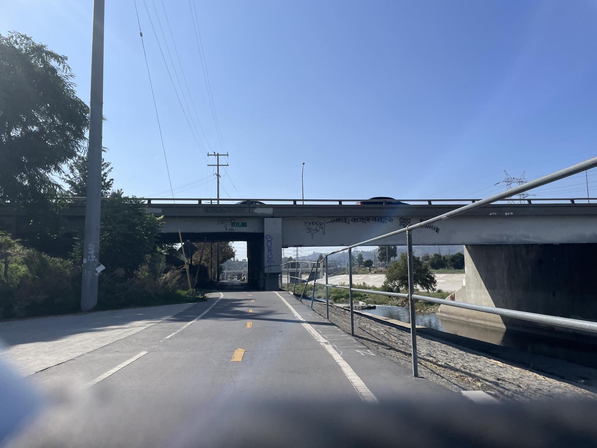 Paved path leading under a large concrete bridge on a bright day.