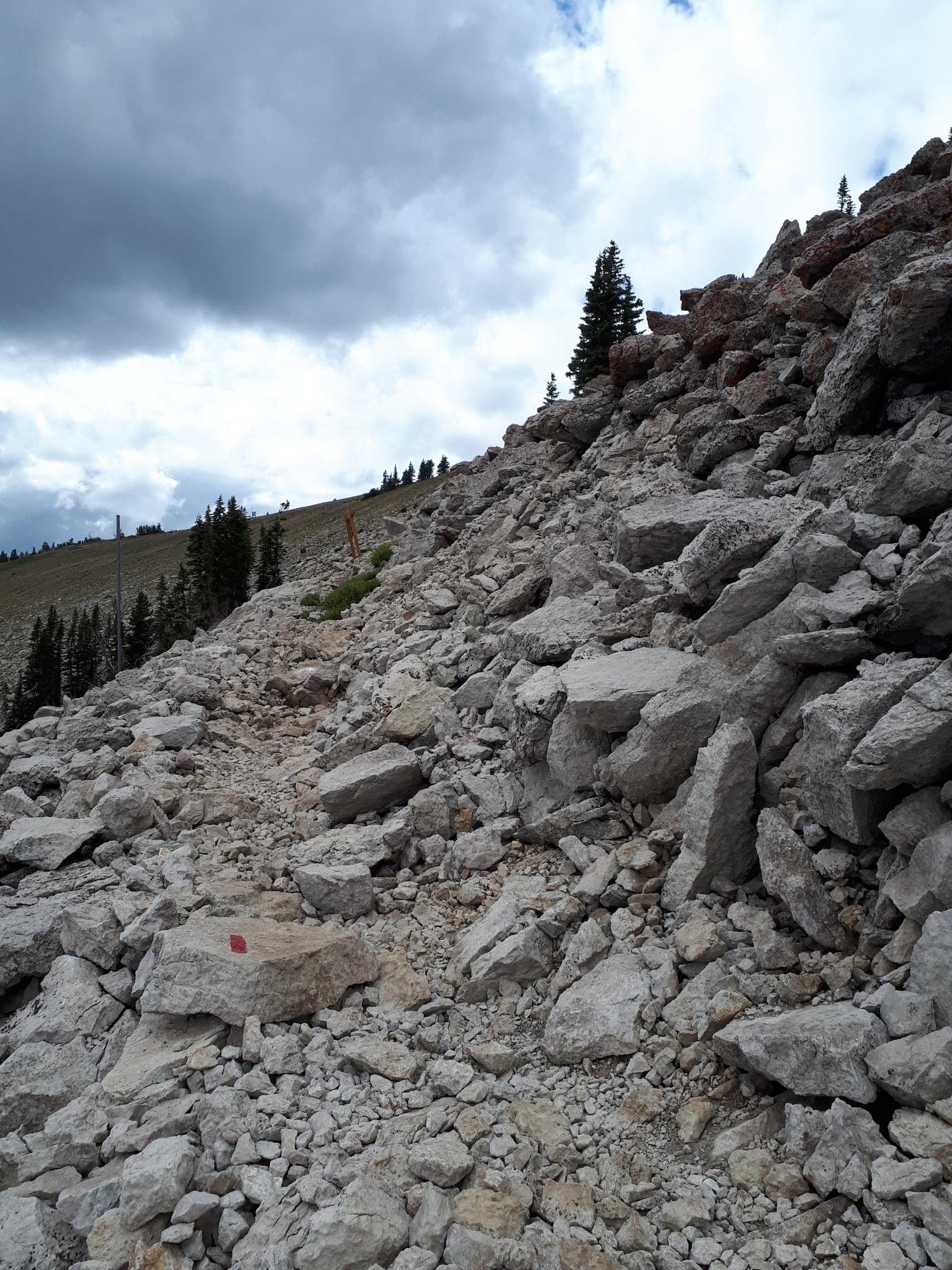 A steep, rocky mountain slope with a narrow path under a dramatic cloudy sky.