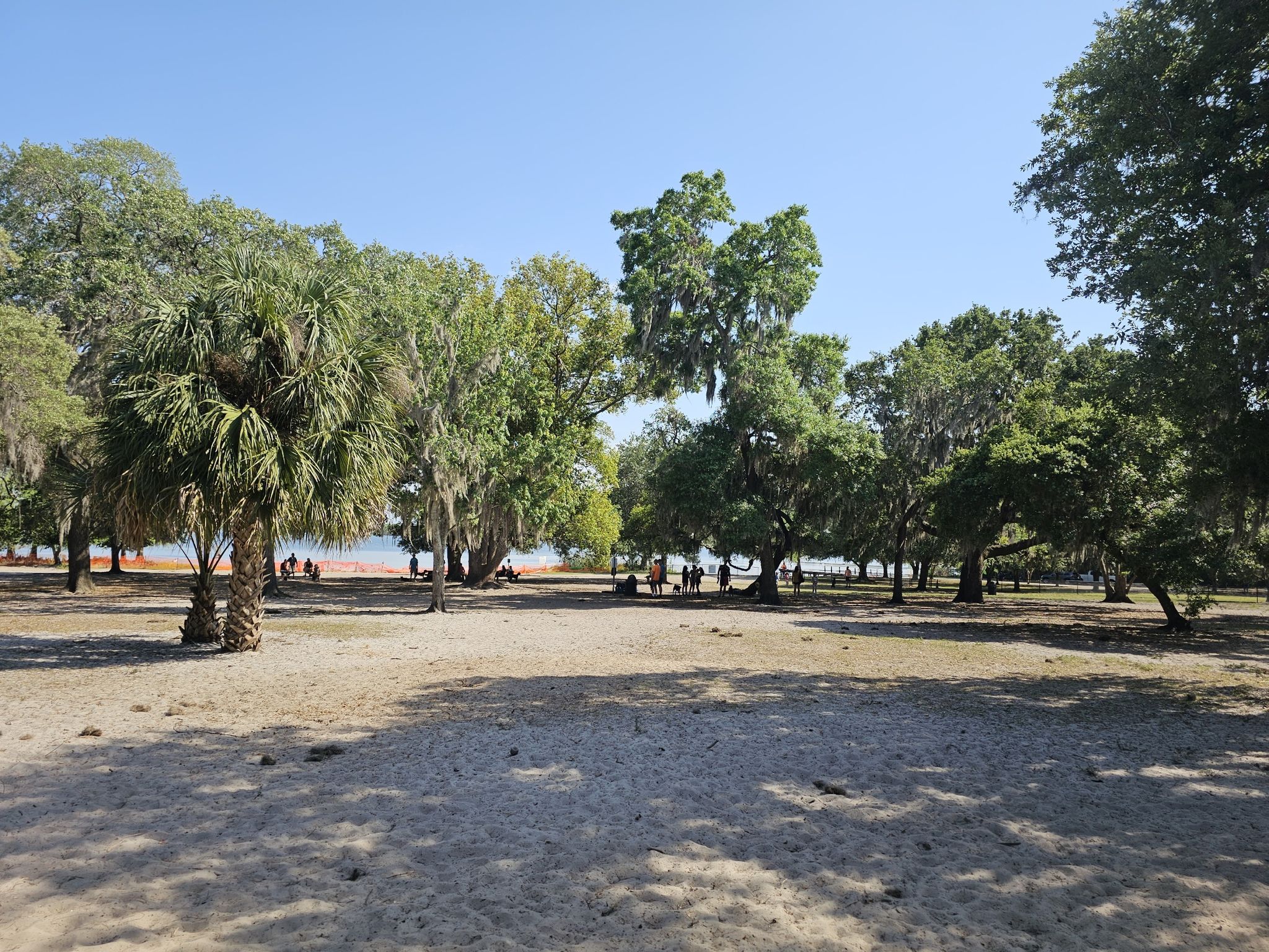 Sunny sandy clearing with trees, people gathered near distant water. - Lake Baldwin Gazebo – Baldwin park and bike trail loop from Winter Park High School