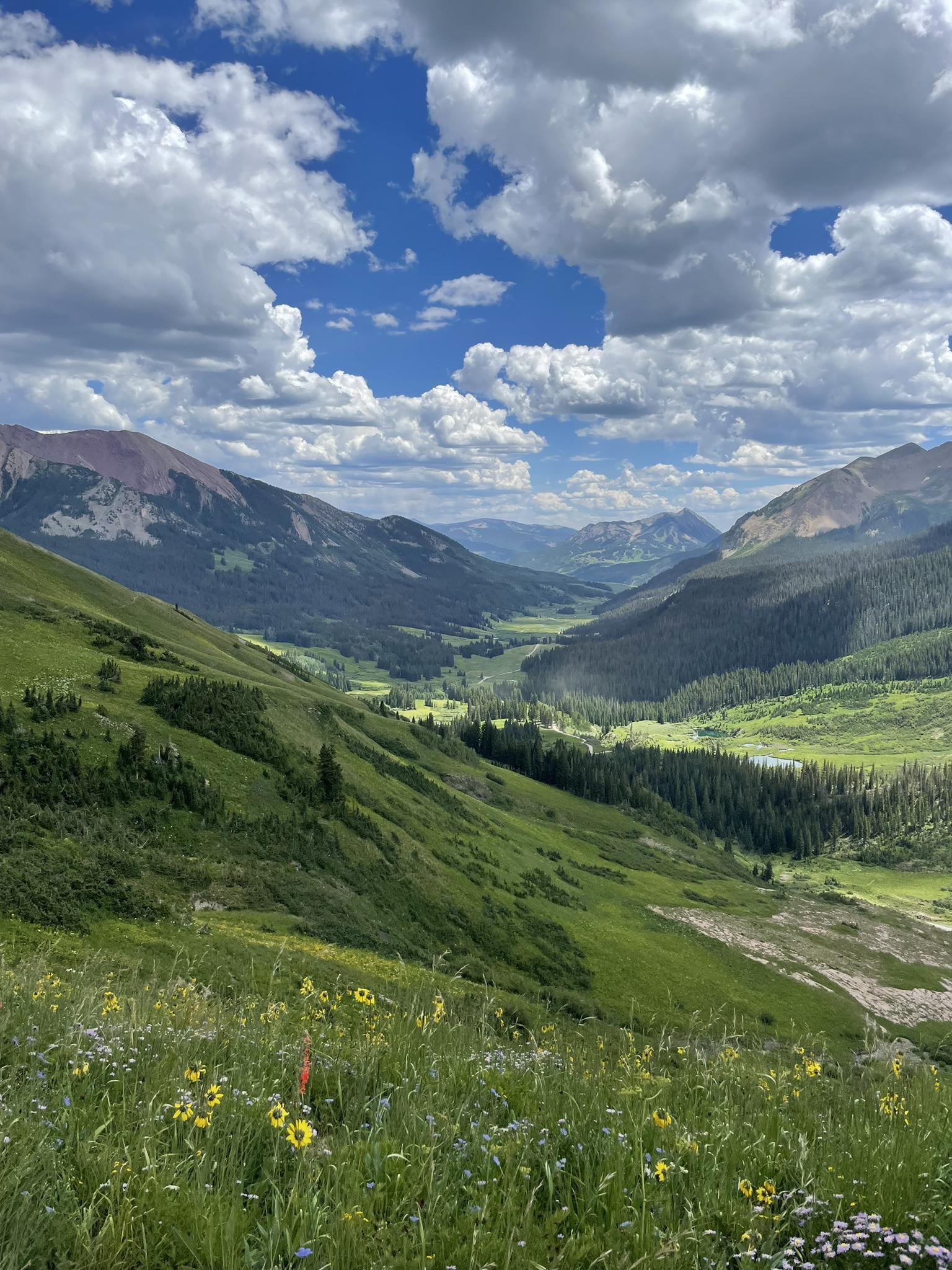 Expansive green mountain valley with forests under a cloudy blue sky.