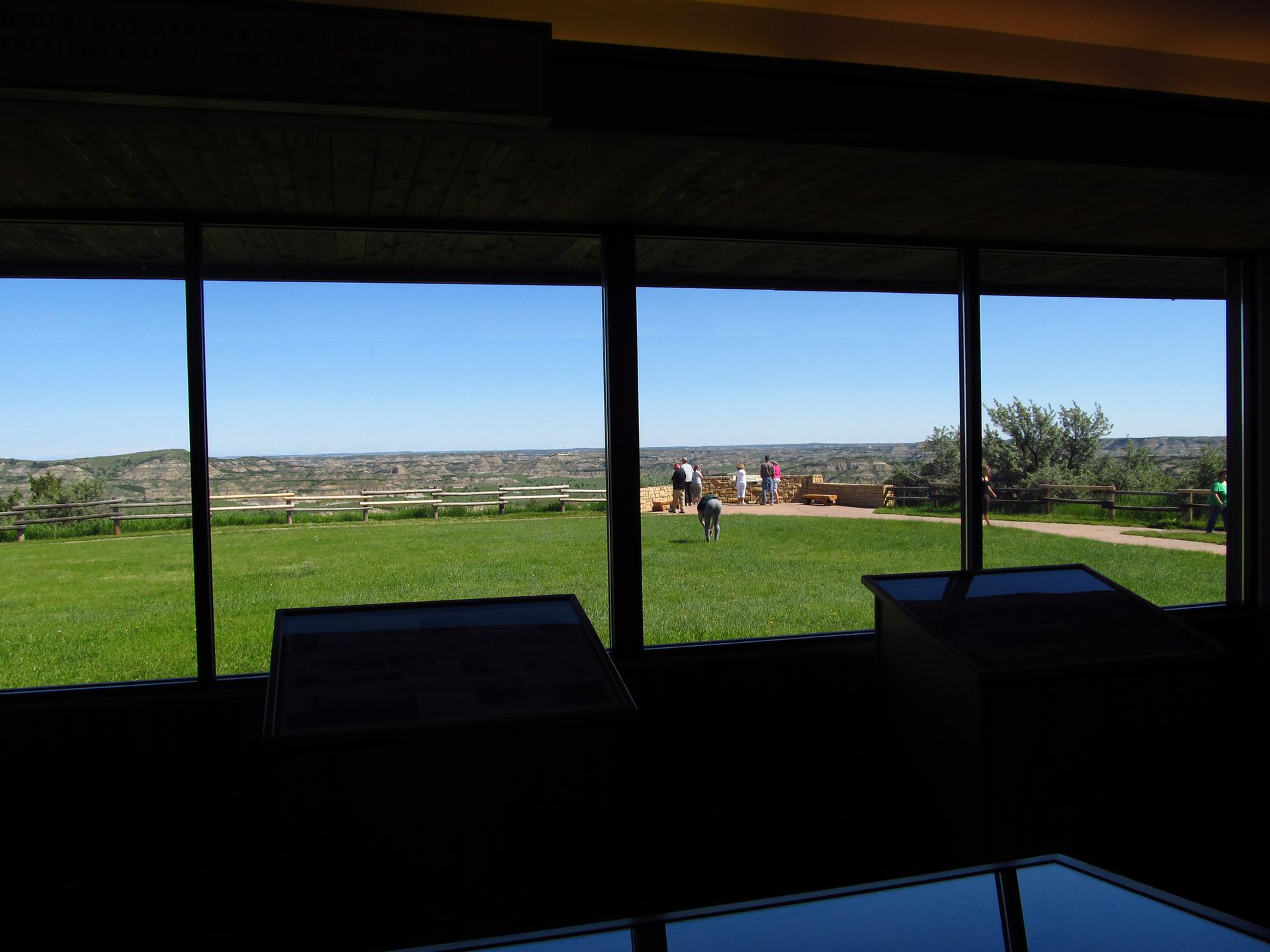 People and a dog on a green lawn viewed through large windows.