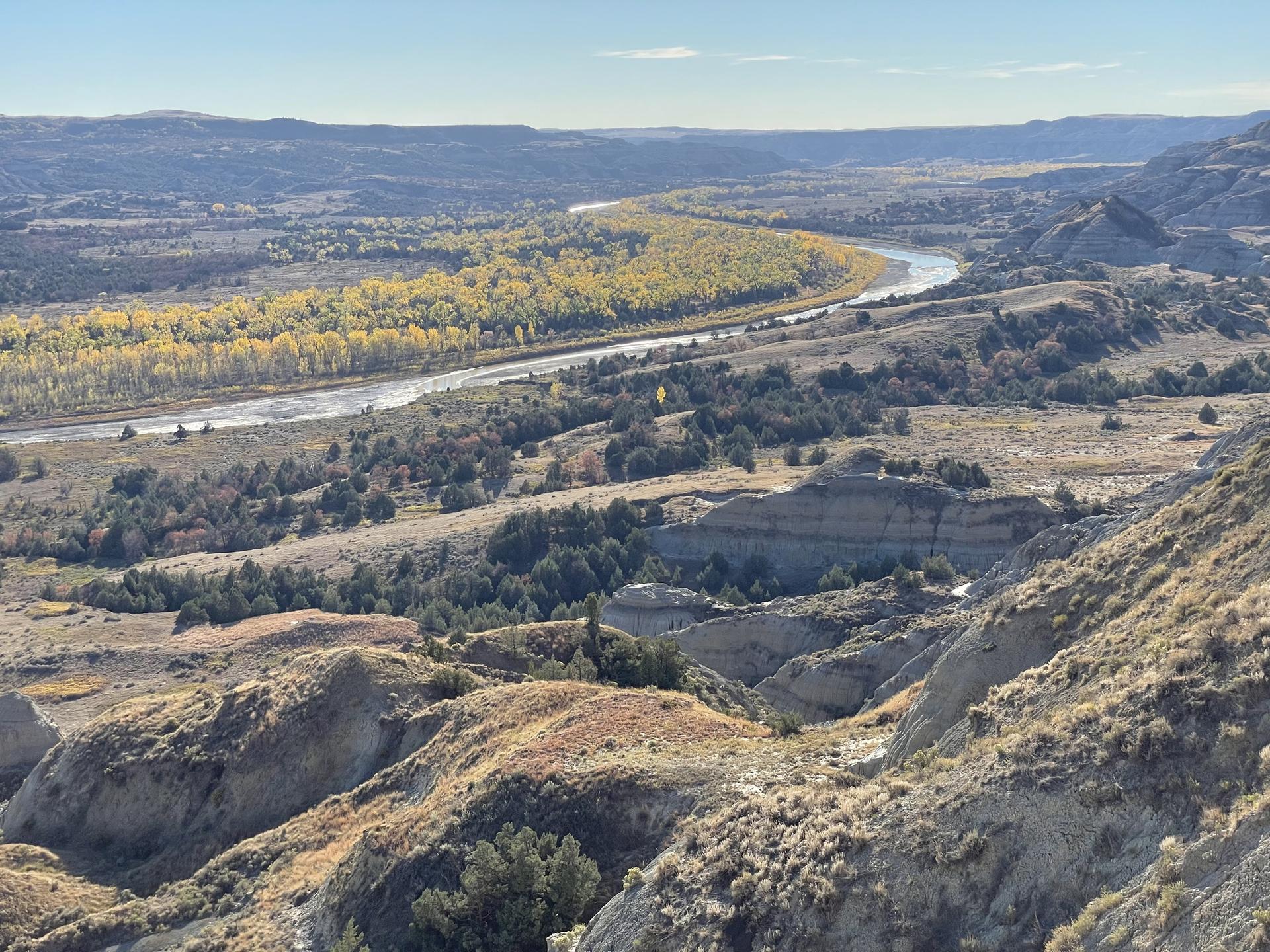 Panoramic view of a river winding through a valley with autumn trees and badlands.