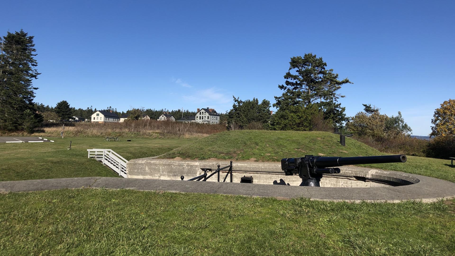 Historic black cannon in a grassy field under a clear blue sky.