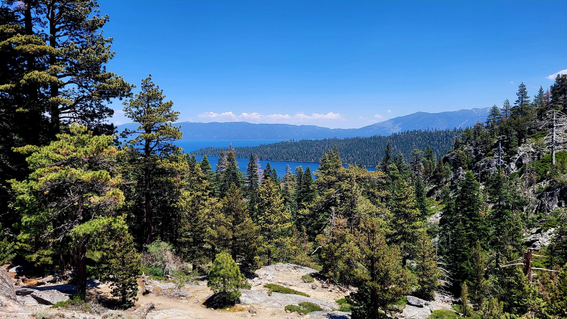 Elevated view of a blue lake framed by green pine trees and mountains.