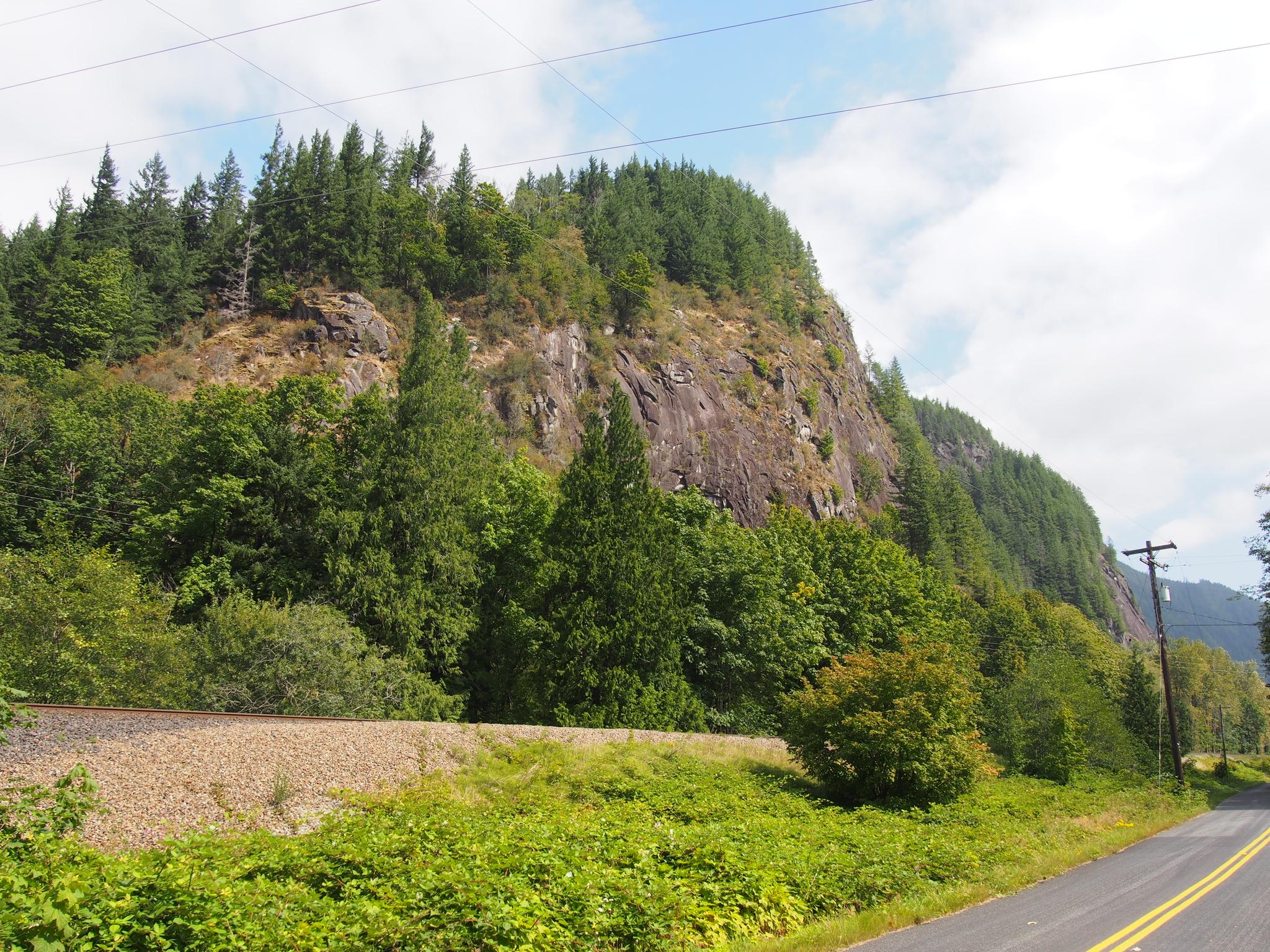 Steep, rocky hillside covered in dense green trees under a partly cloudy sky.