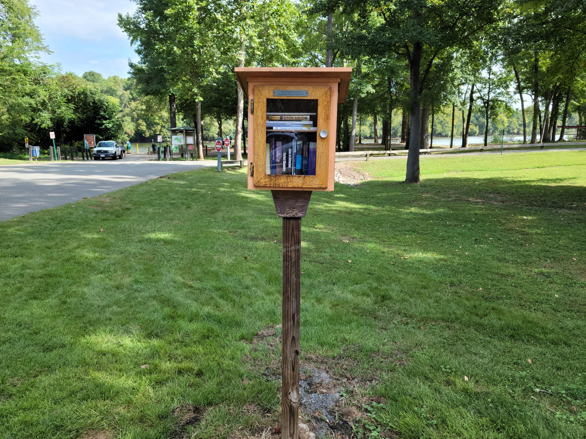 A small wooden library box stands in a sunny grassy park with trees and a road.