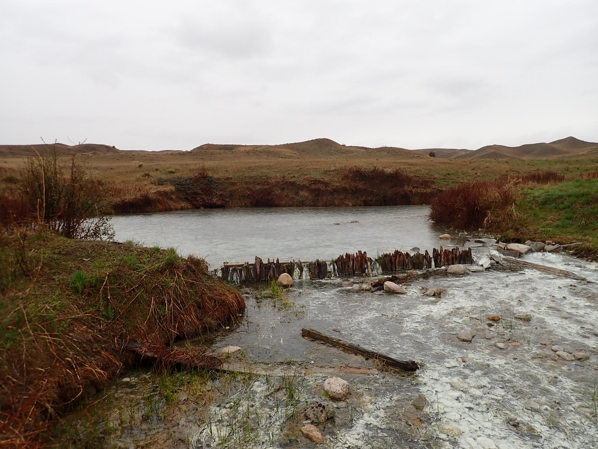 Small pond with a wooden barrier and stream under overcast sky.