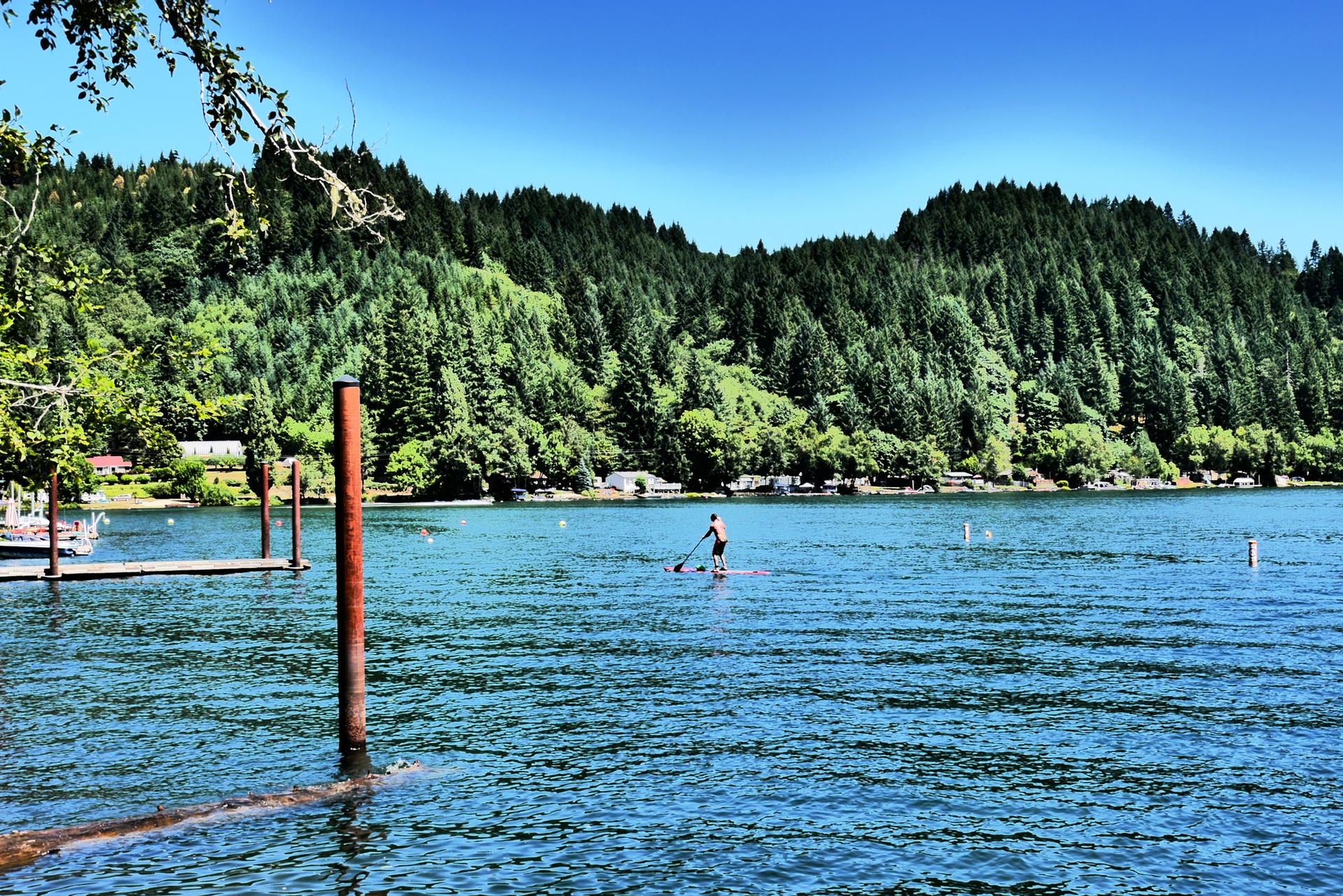 A person paddleboards on a sunny lake with forested hills in the background.