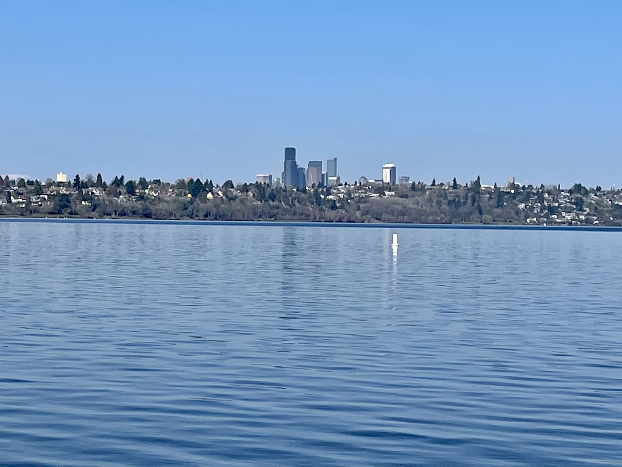 A city skyline visible across a calm lake under a clear blue sky.