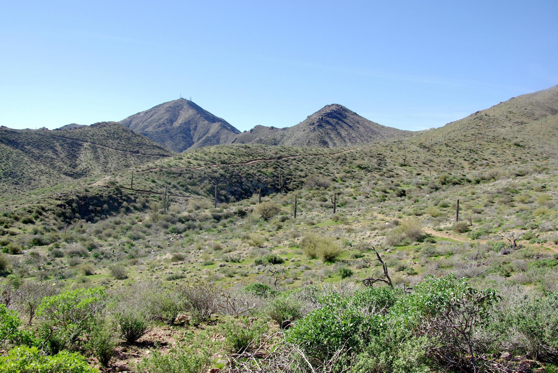 Rolling desert hills with two prominent peaks under a clear blue sky.