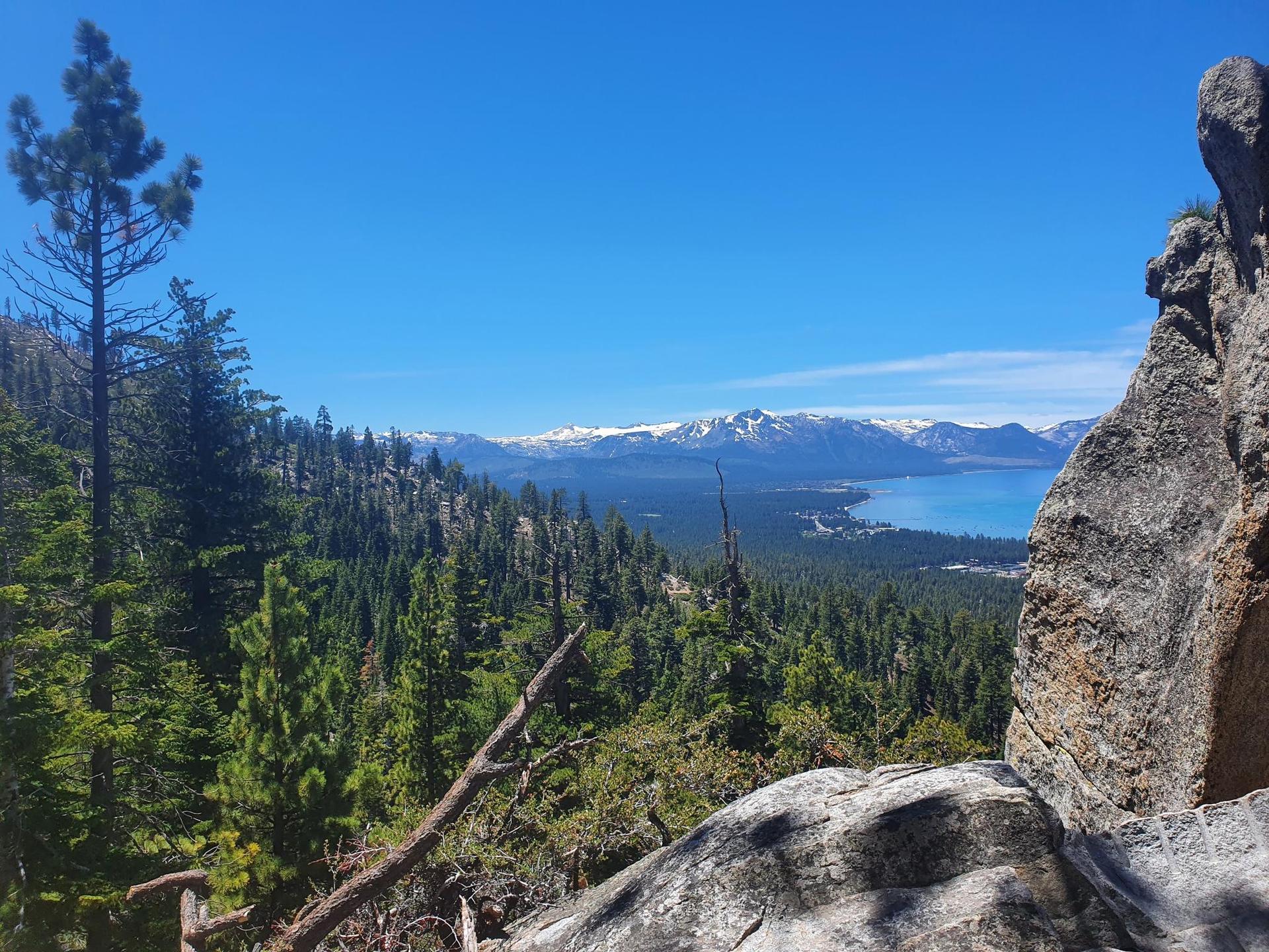 Rocky viewpoint overlooking a blue lake, snow-capped mountains, and a dense pine forest.