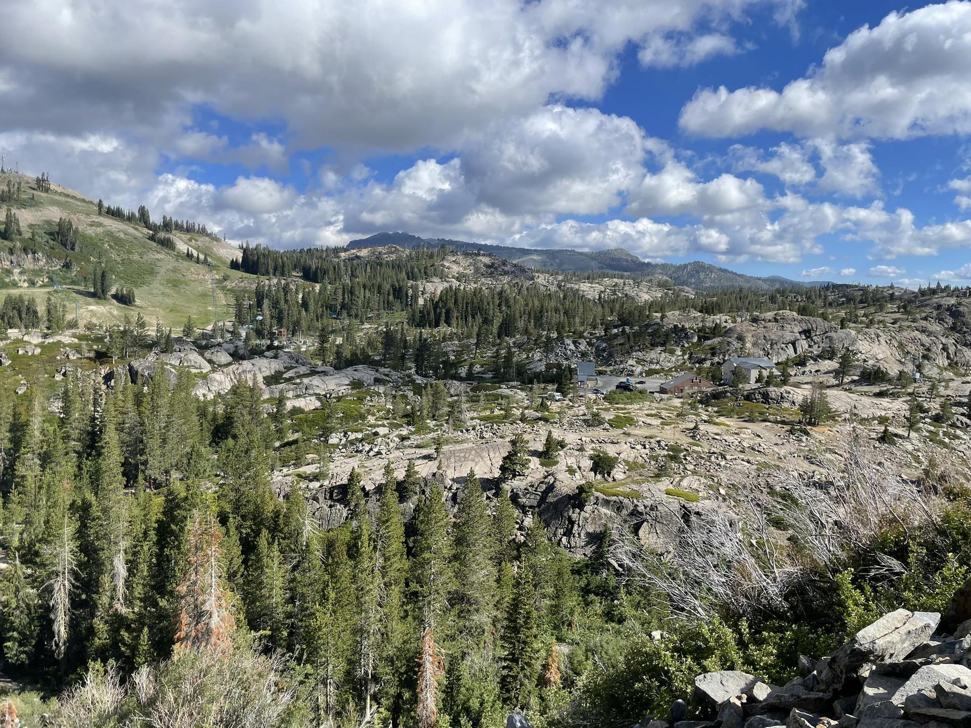 A vast mountain landscape with pine forests, rocky terrain, and distant peaks under a cloudy sky.