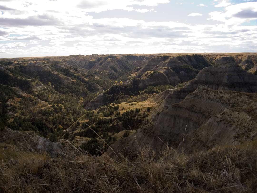 Expansive view of a rugged canyon with forested valleys under a cloudy sky.