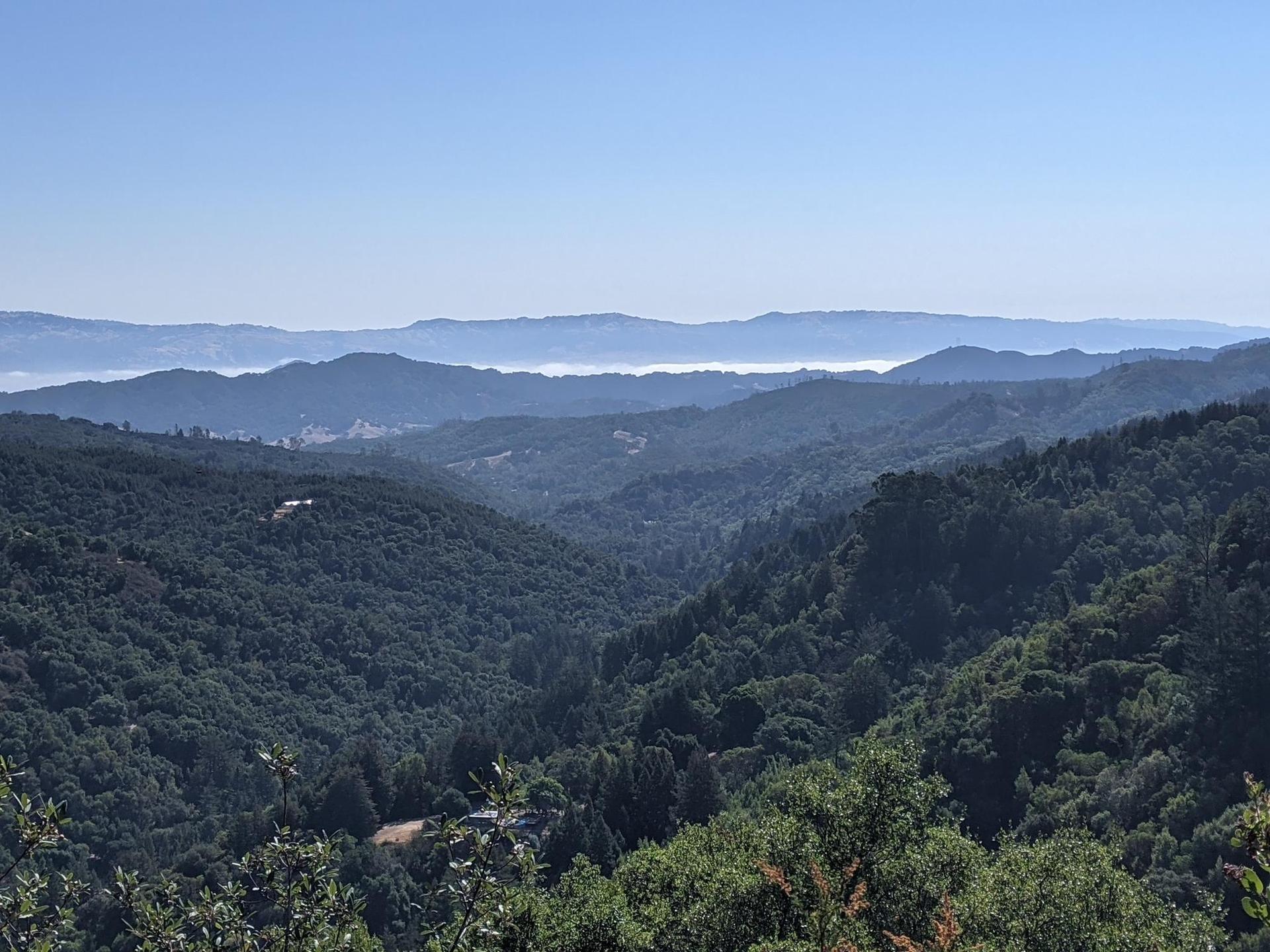 Expansive view of forested mountains and valleys under a clear sky.
