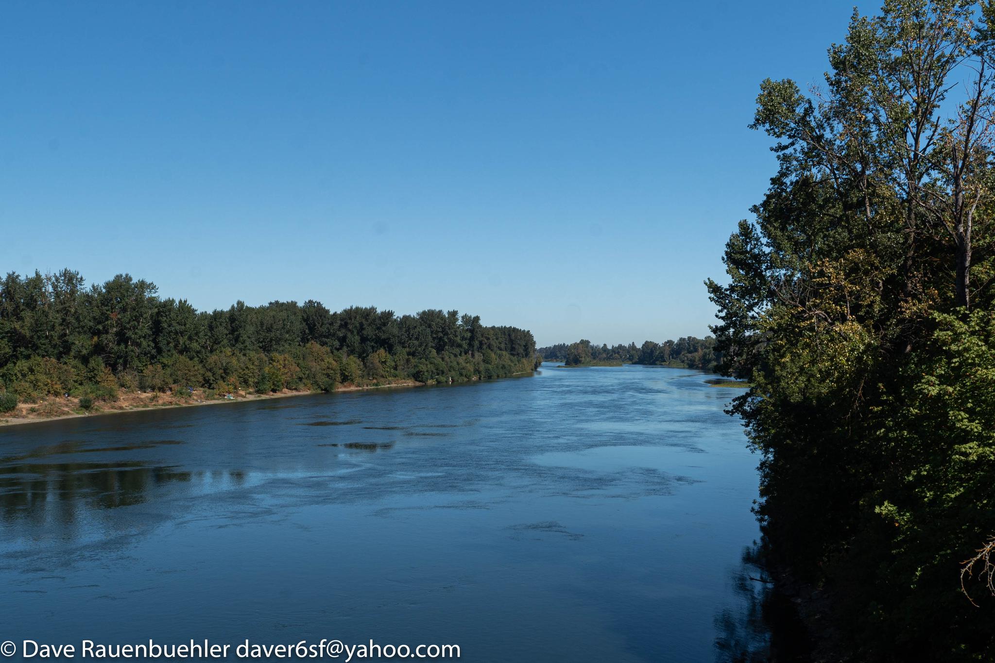 Wide river flowing between green forested banks under a clear blue sky.