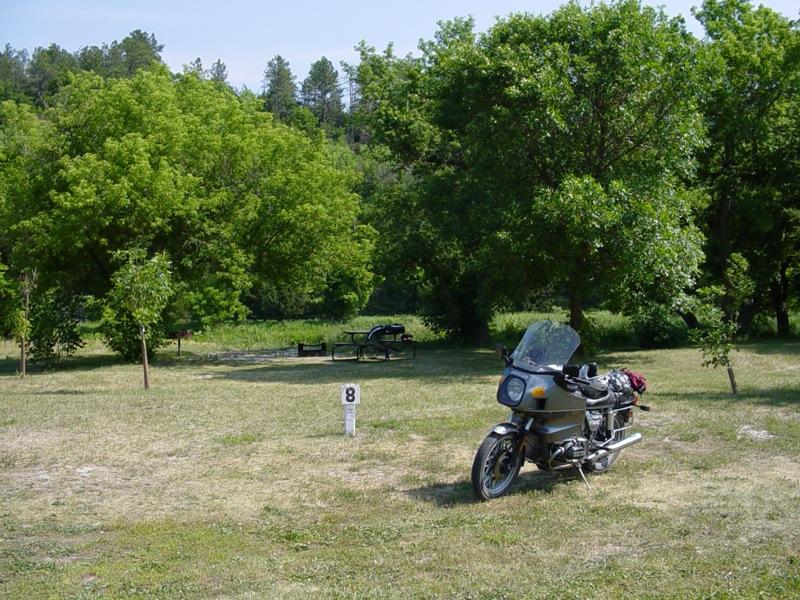 Motorcycle parked on a sunny grassy field surrounded by green trees.
