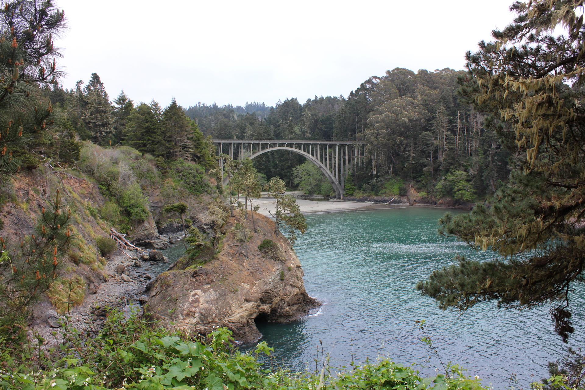 Arch bridge over a calm turquoise cove surrounded by dense forest.