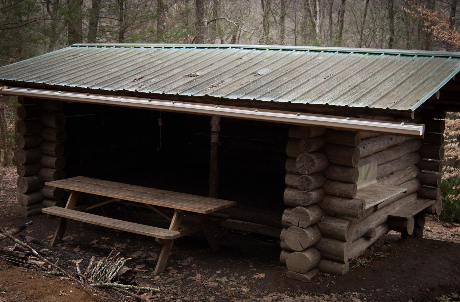 Rustic log shelter with a picnic table in a dim forest.