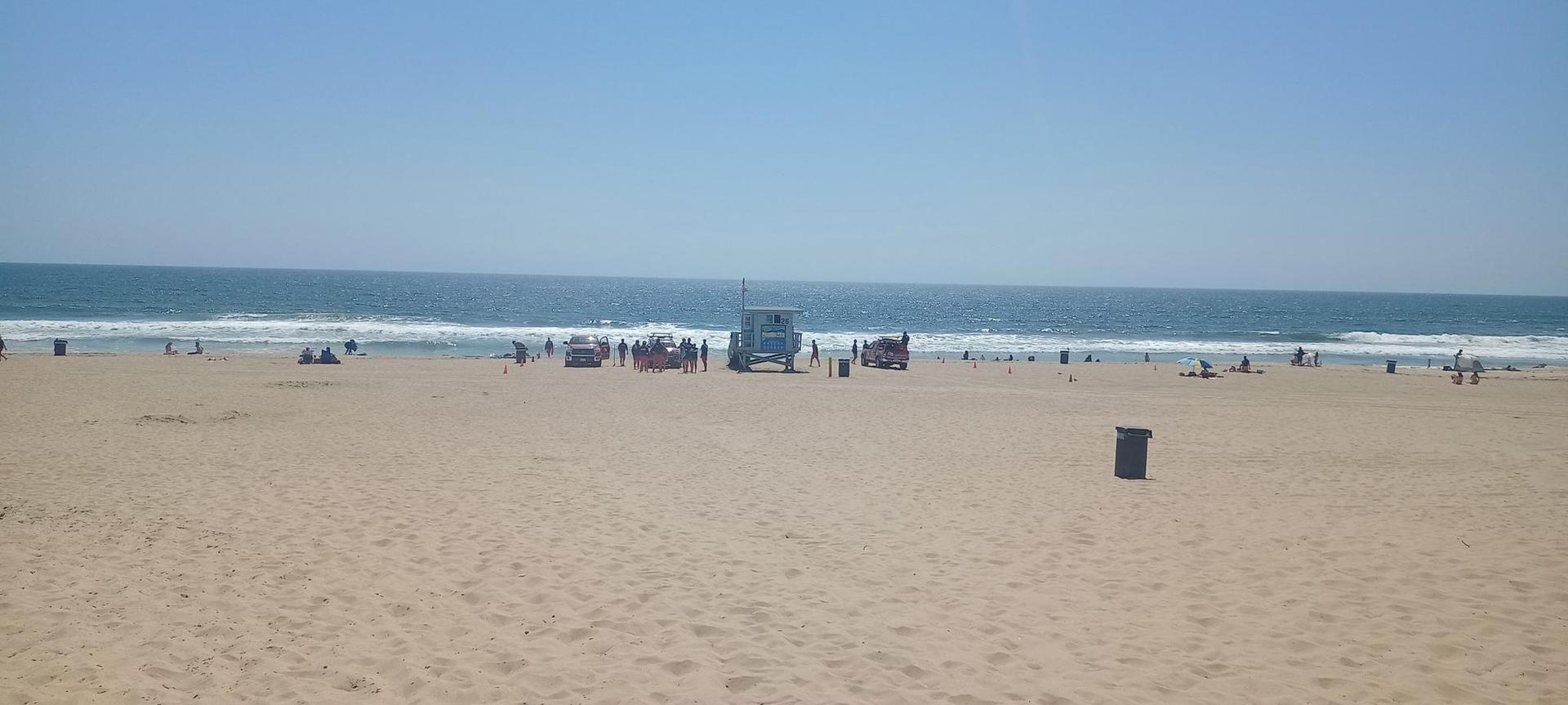 Sunny beach scene with ocean, lifeguard tower, and people enjoying the sand.