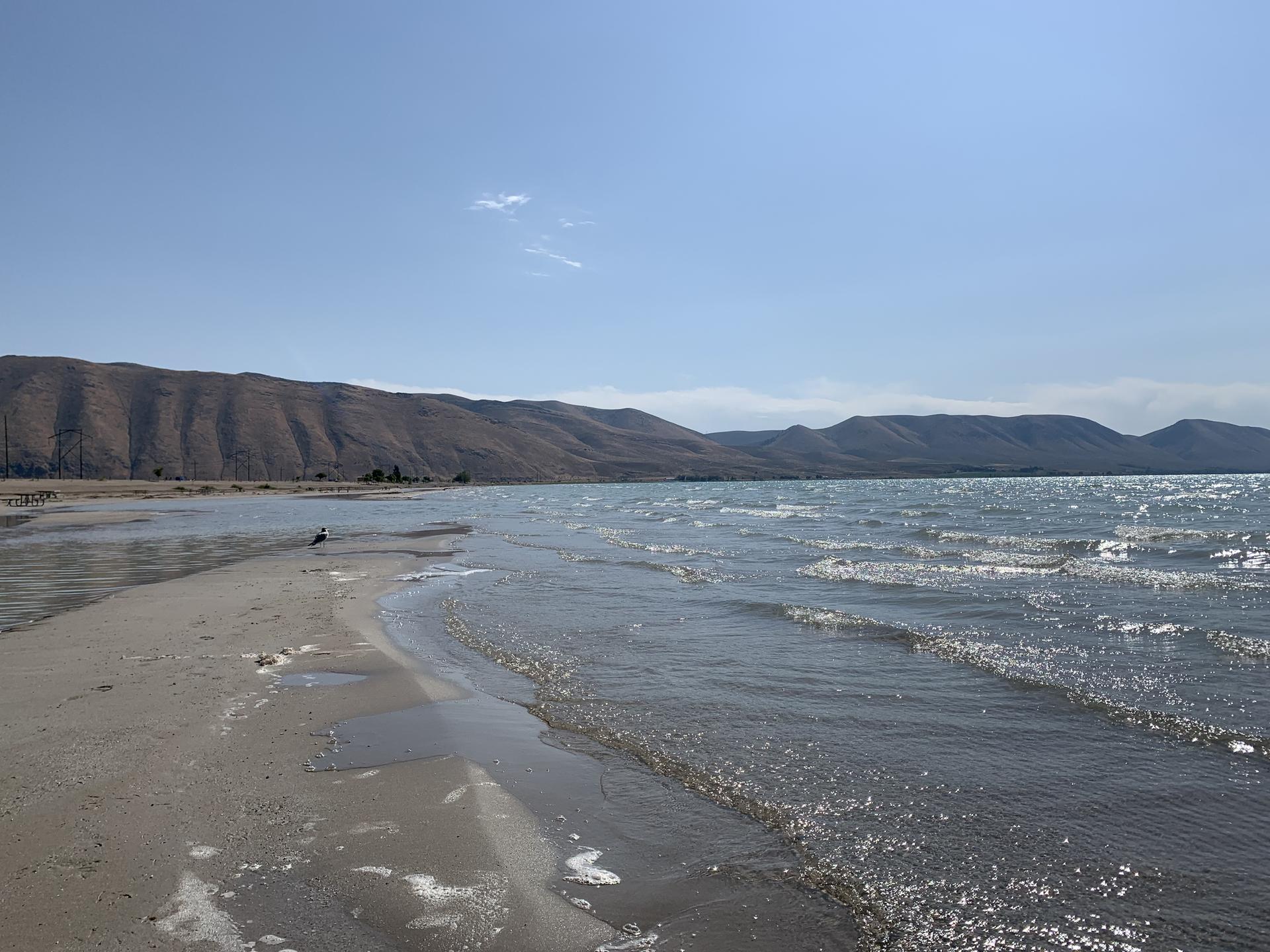 Gentle waves lap a sandy beach with distant hills under a bright sky.