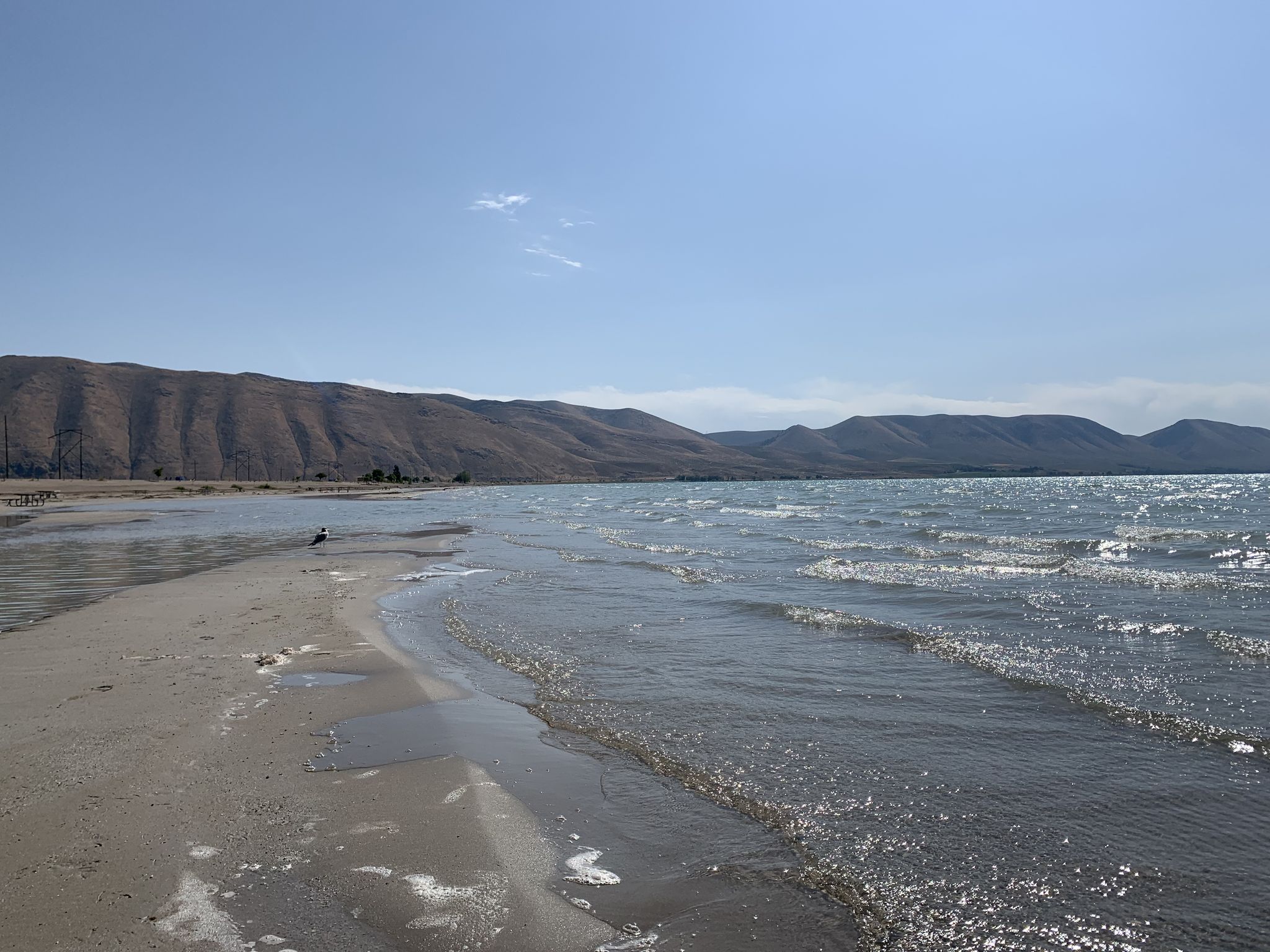 Gentle waves lap a sandy beach with distant hills under a bright sky. - North Beach – North Cisco Road loop from Logan Canyon Scenic Bypass