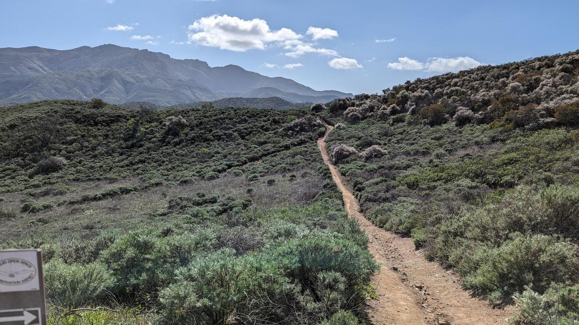 A dirt trail ascends a brush-covered hillside towards distant mountains.