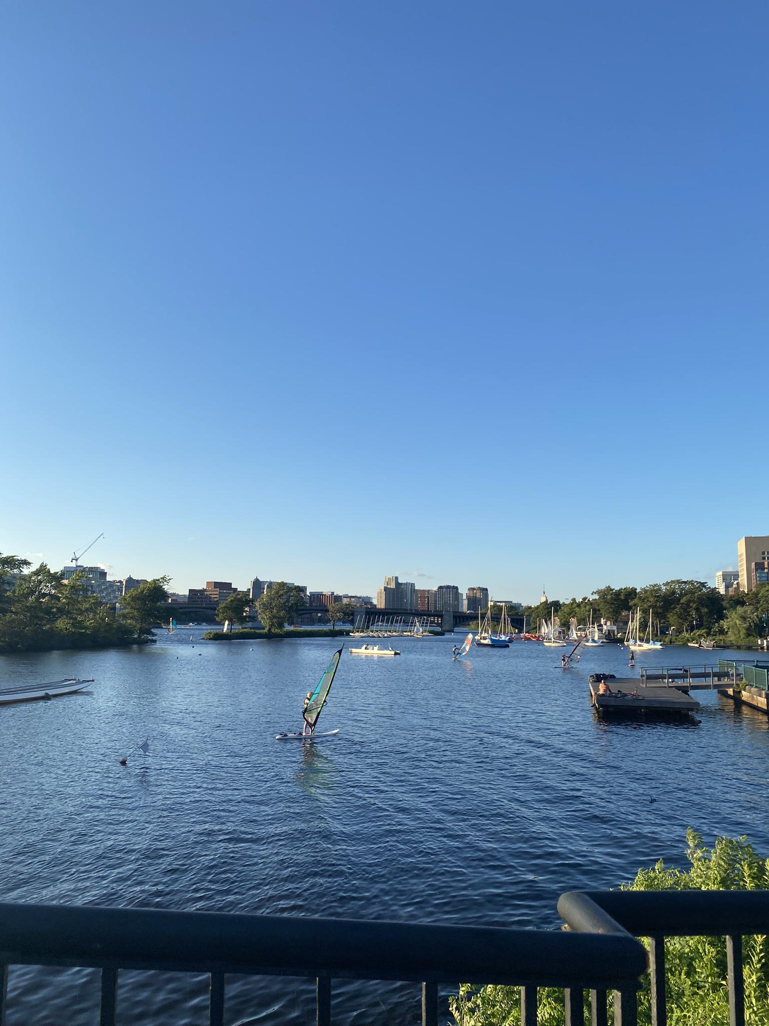 A windsurfer glides on a sunny river with distant city buildings.