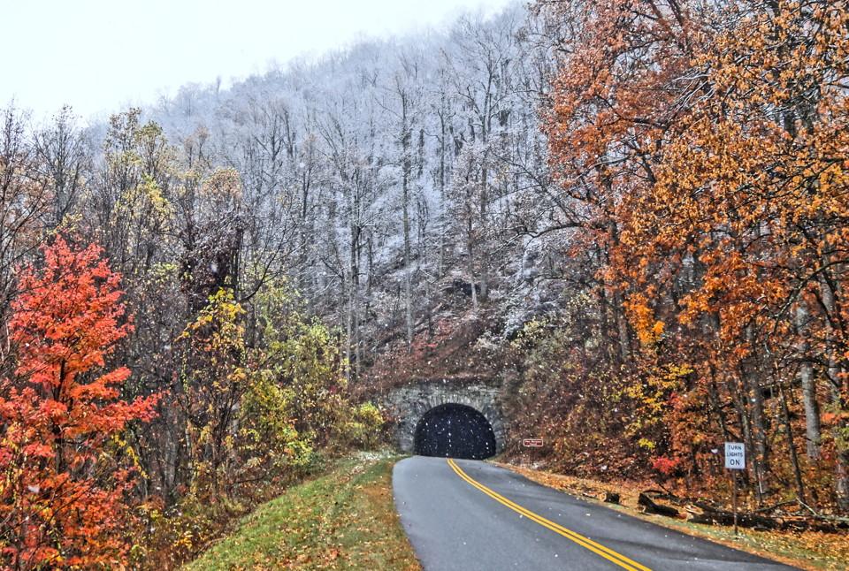 Road leading to a dark tunnel through a snowy, autumn forest.