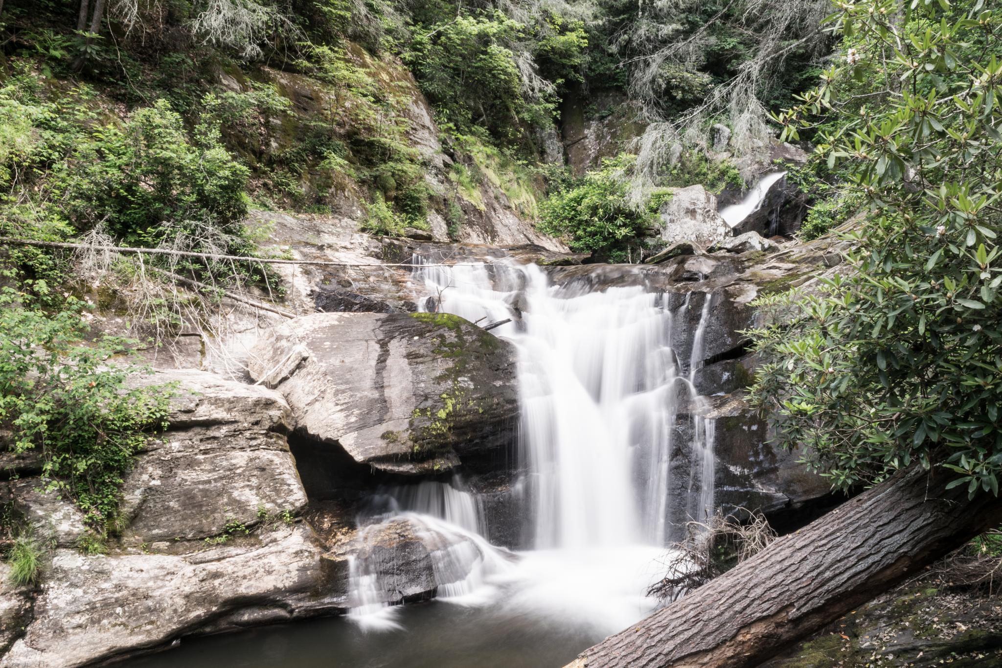 Long exposure waterfall flowing over rocks, surrounded by green trees and a fallen log.