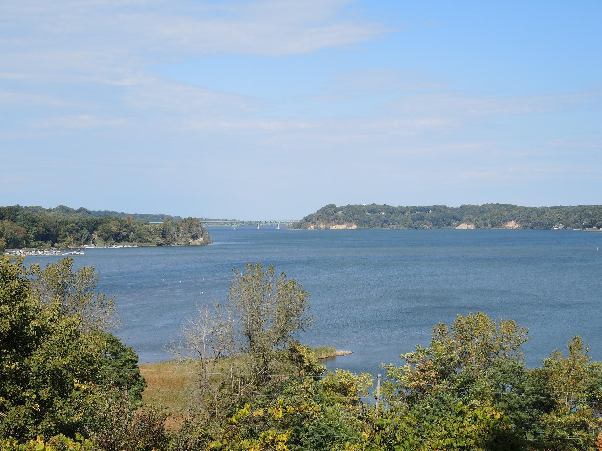Panoramic view of a wide bay surrounded by green trees under a bright sky.