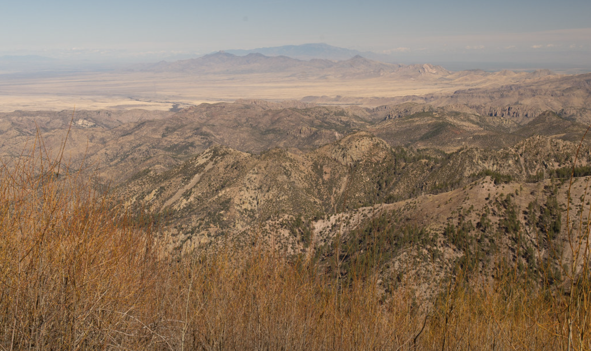 Expansive desert landscape with distant mountains under a clear sky.