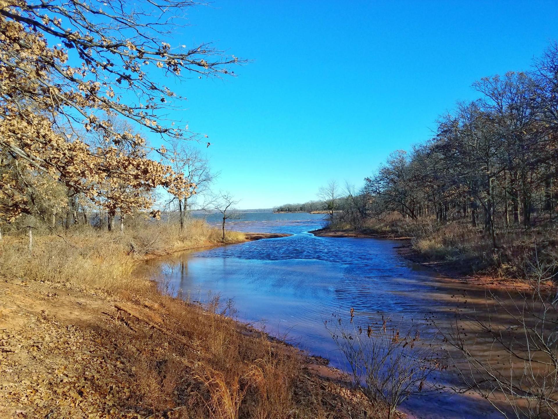 Winding stream flows into a lake under a bright blue sky.