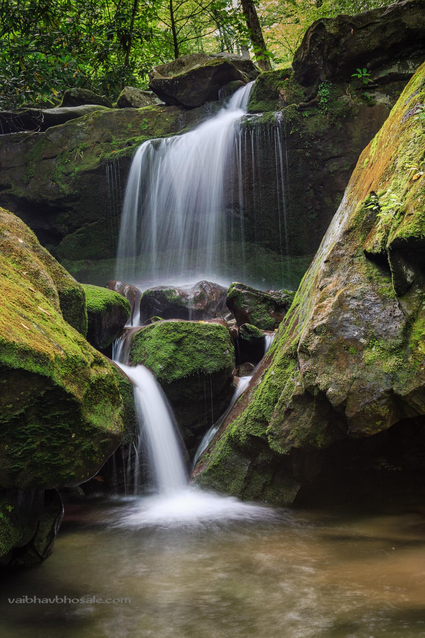 Small waterfall flowing over mossy rocks in a shaded forest.