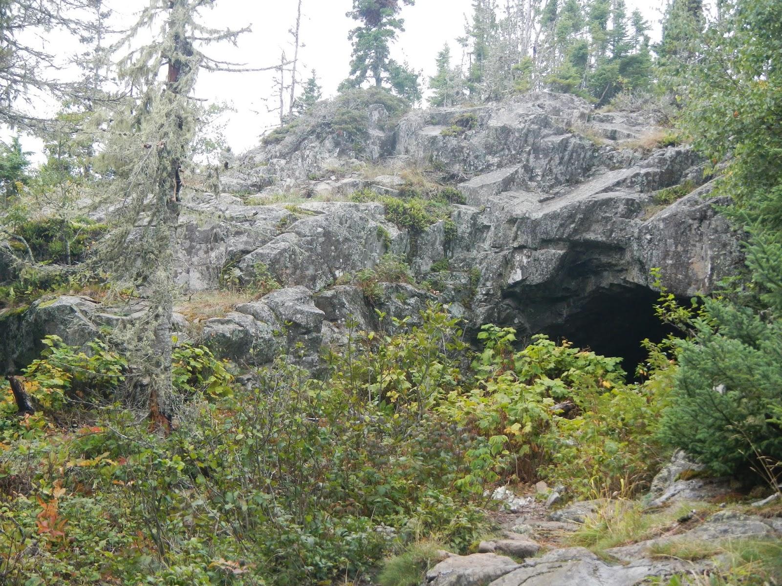 Rocky hillside with dense green bushes and a dark cave entrance.
