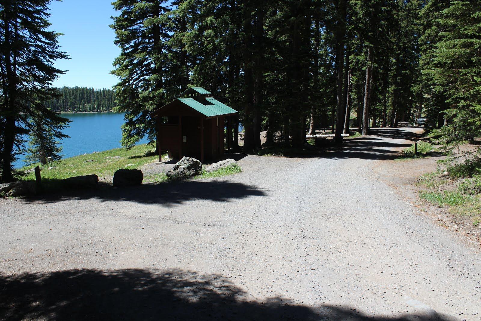 Small cabin by a lake and forest, with a gravel road in sunlight.