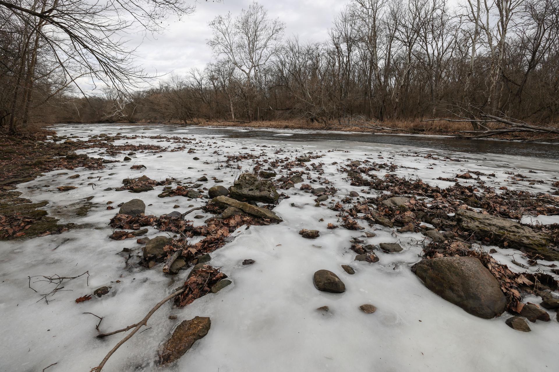Icy riverbed with rocks and bare trees under a cloudy winter sky.
