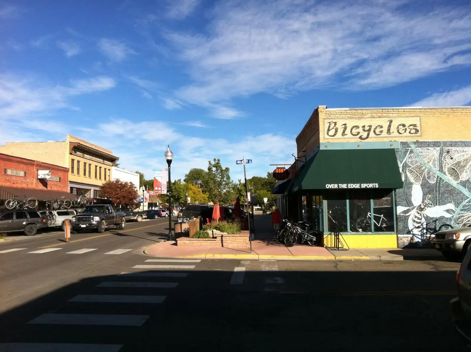 Sunny street scene with a bicycle shop, cars, and a person walking.