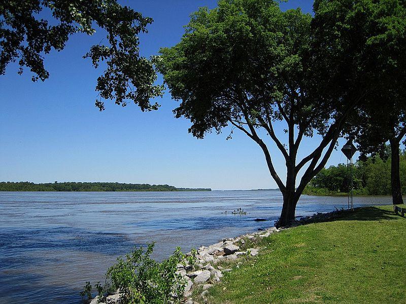Wide river with green trees and rocky bank under a clear blue sky.