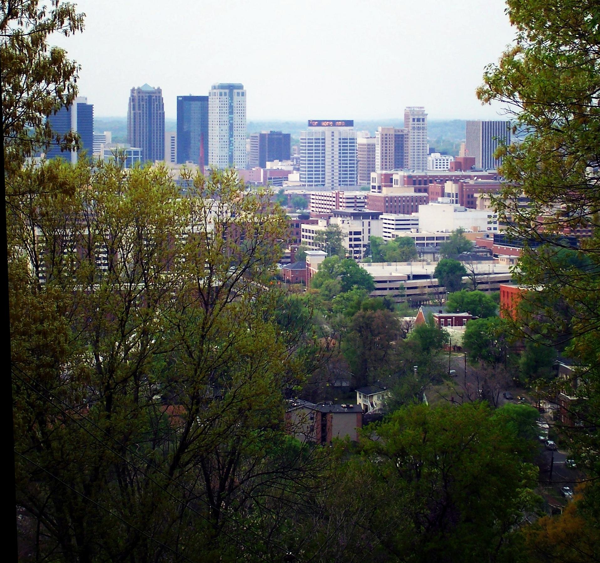 City skyline visible through green trees on an overcast day.