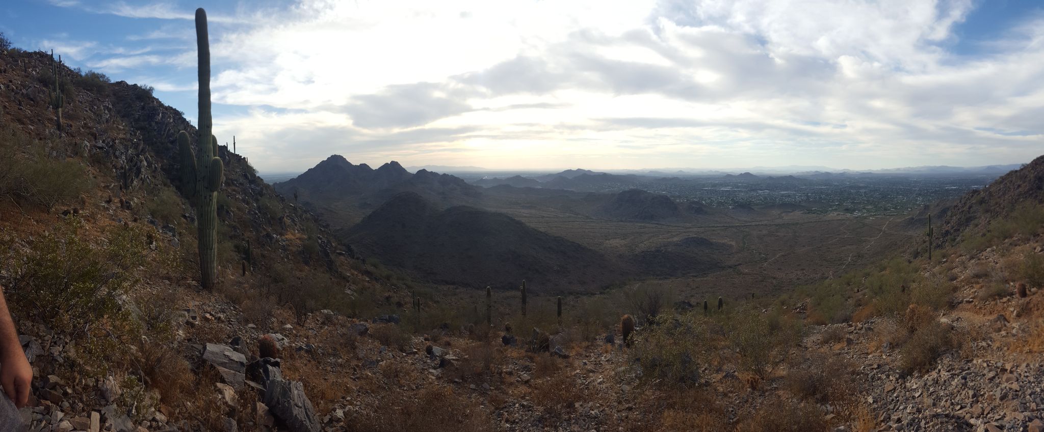 Panoramic desert landscape with saguaro cactus, rocky hills, and cloudy sky. - Dixie Peak Trail