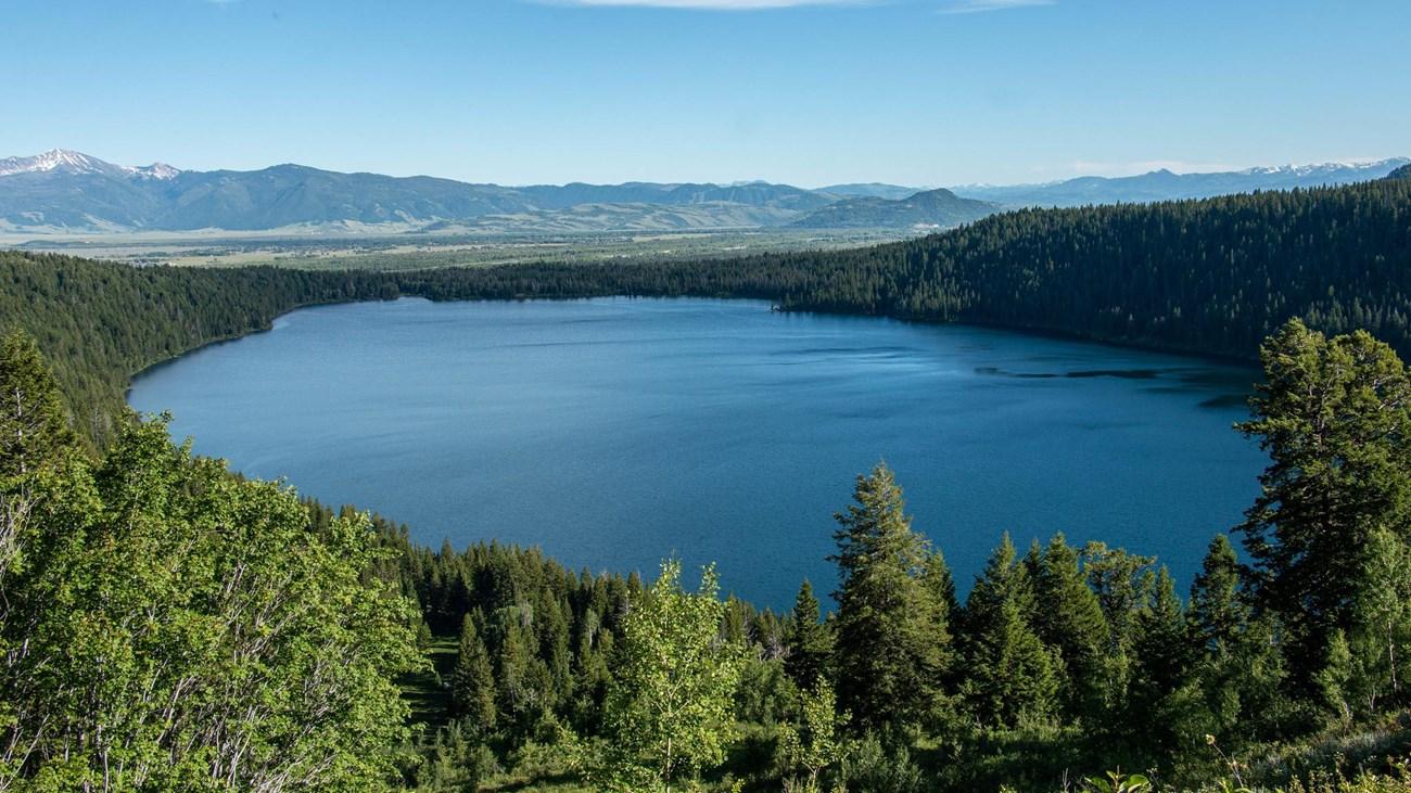 Bright sunny view of a large blue lake surrounded by green forests.