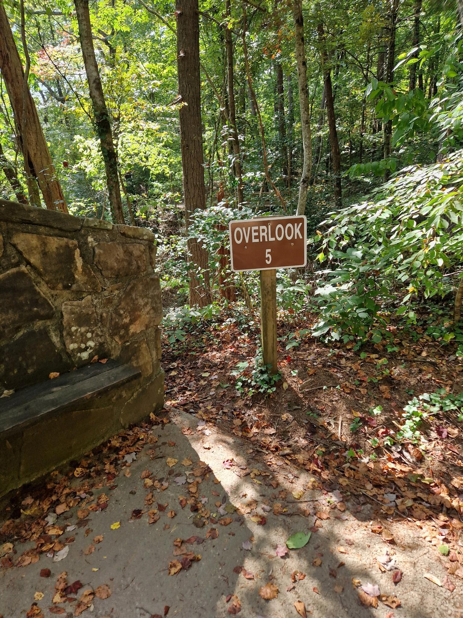 Brown sign reading 'OVERLOOK 5' on a dirt path in a sunlit forest.