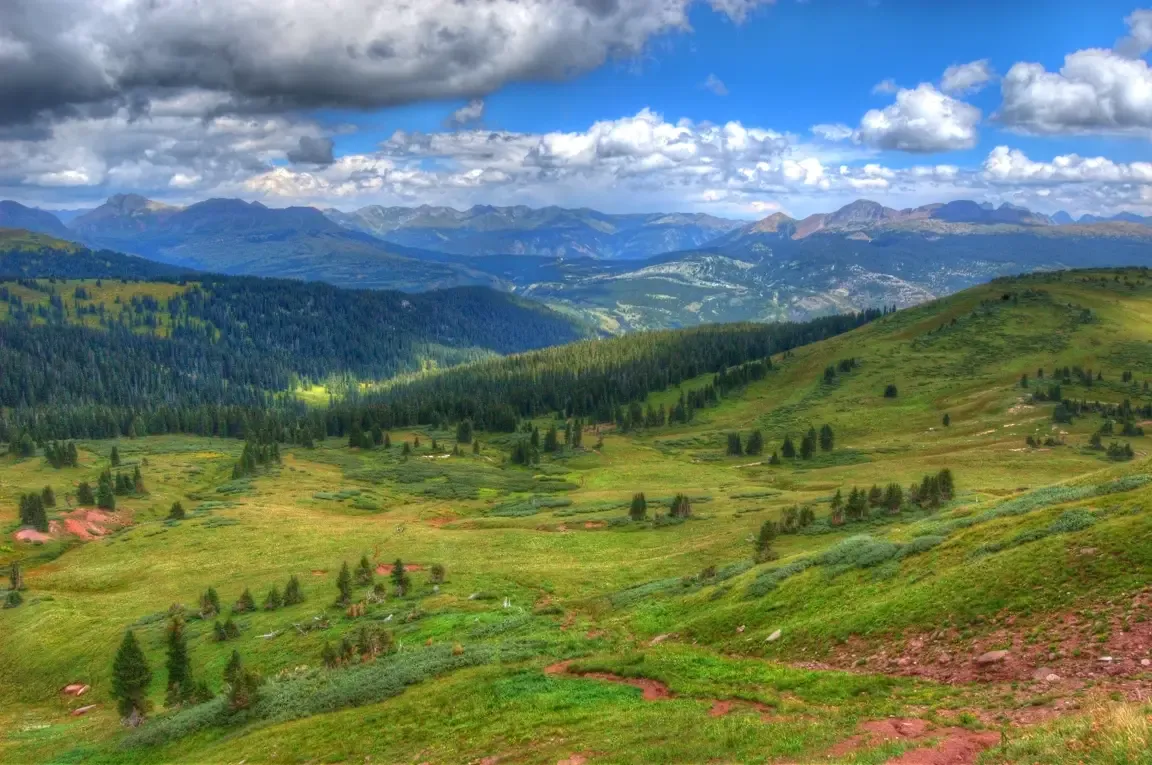 Vast mountain landscape with green hills, forested valleys, and distant peaks under a cloudy sky. - Engineer Mountain Trail
